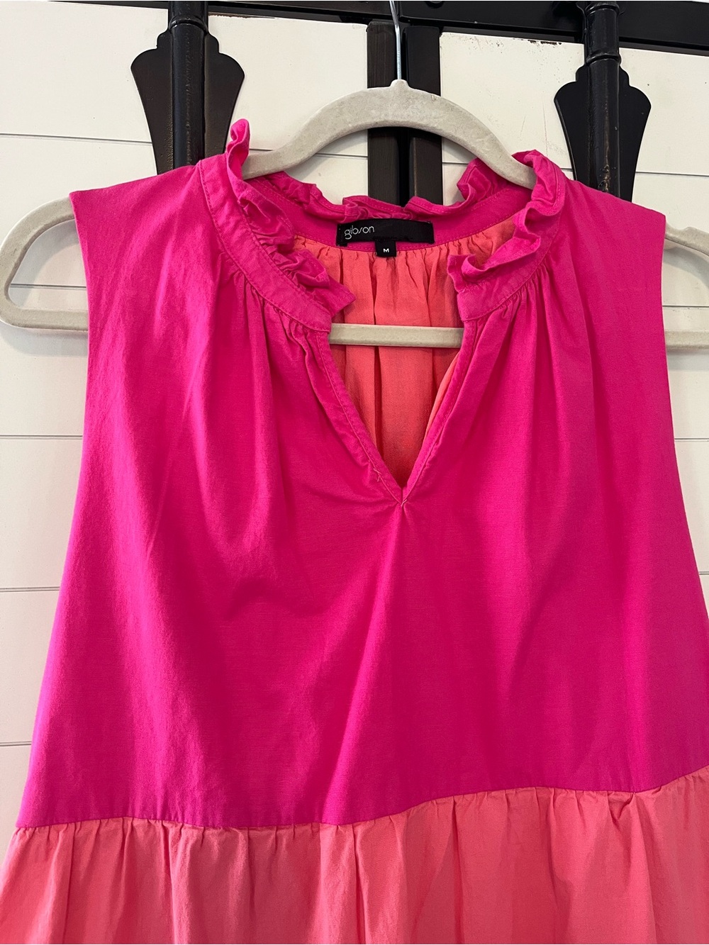 Gibson x Hi Sugarplum Flamingo Colorblock Pink & Coral Tiered Ruffle Mini Dress - Picture 2 of 7